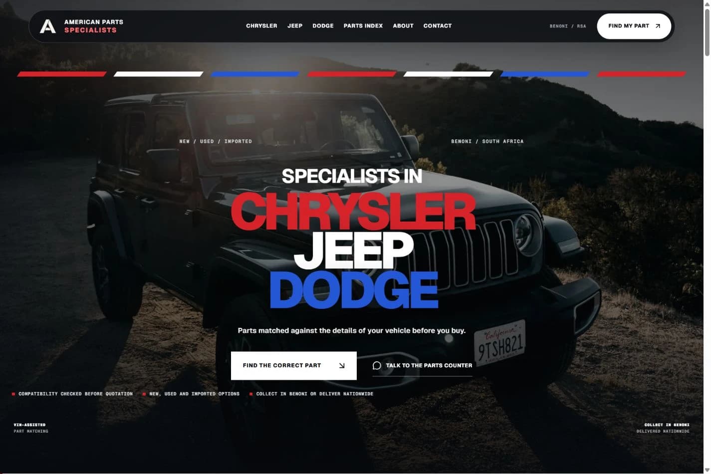 The American Parts Specialists homepage, with its Jeep photography and Chrysler, Jeep and Dodge headline.